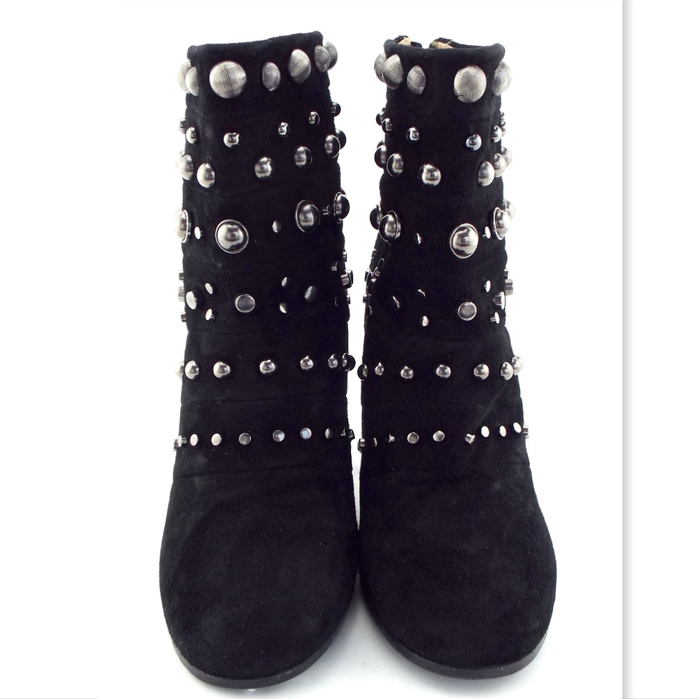 Unworn BADGLEY MISCHKA Stud Black Suede Leather Block Heel Ankle Boots Booties 6 - Picture 2 of 8